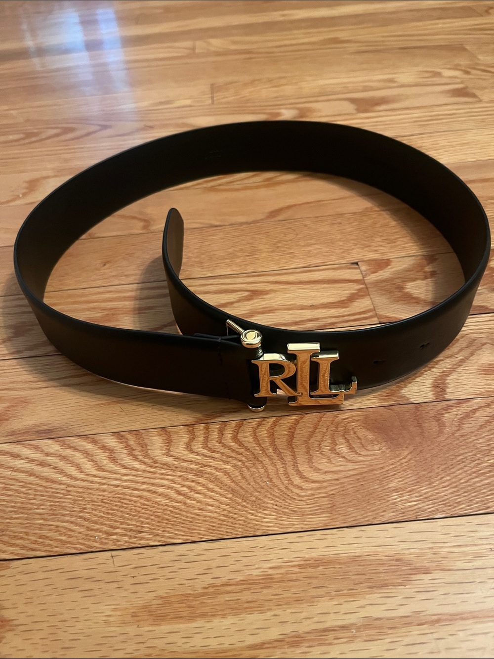 Black Leather Belt with Signature Gold Monogram Buckle